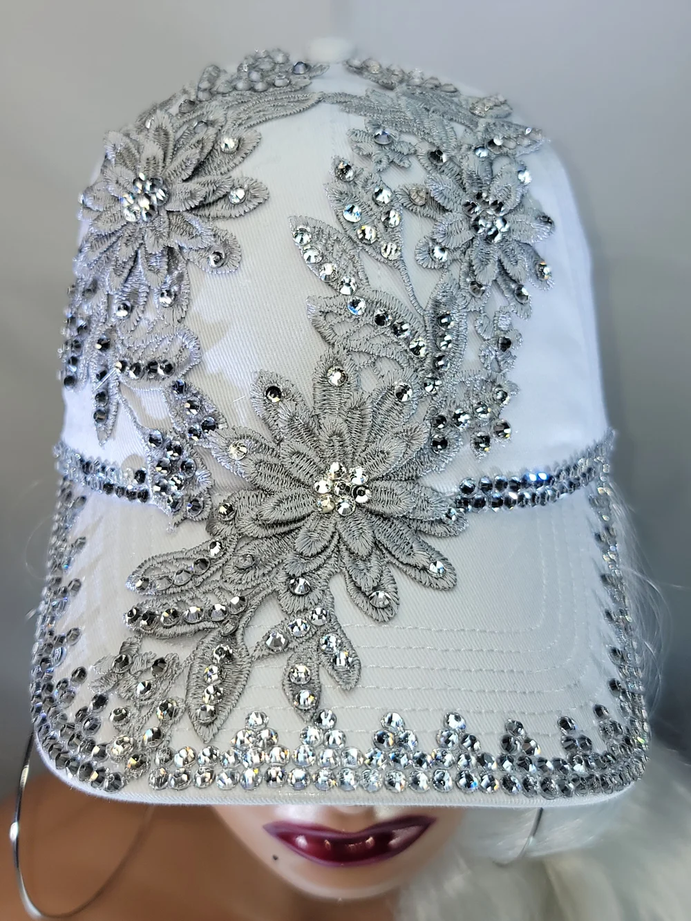 Embellished White Floral Rhinestone Baseball Cap - Picture 6 of 11